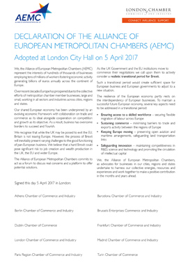 Declaration of the Alliance of European Metropolitan Chambers